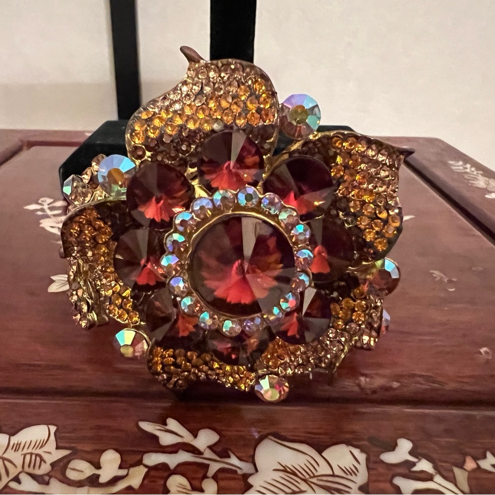 Vintage Wide Floral “ Sunflower” Cuff Bracelet Rhinestone Embedded Flowers